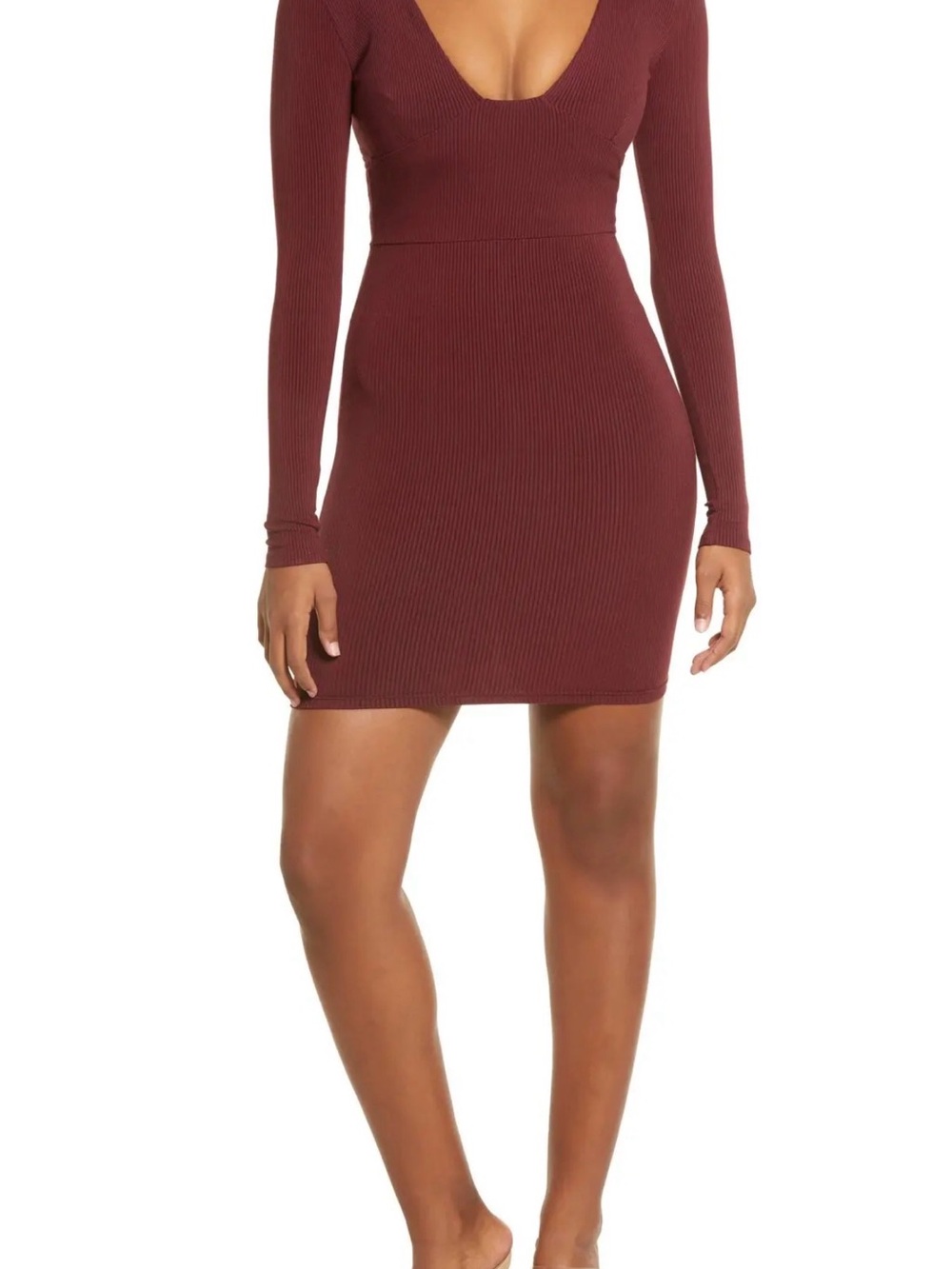 naked wardrobe Burgundy Ribbed Long-Sleeve Scoop Mini Dress